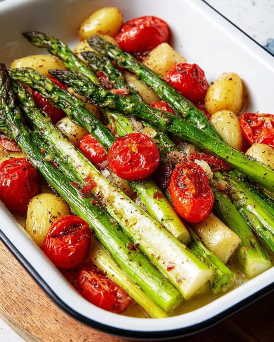 Grüner Spargel im Backofen mit Kartoffeln und Kirschtomaten