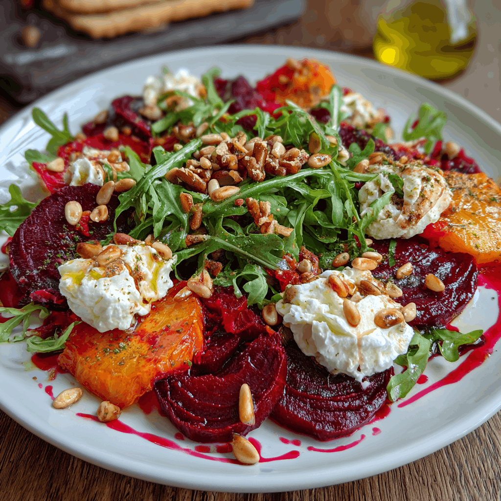 🥗🍠 Gebratener Rote-Bete-Salat mit Süßkartoffeln, Burrata und Pinienkernen