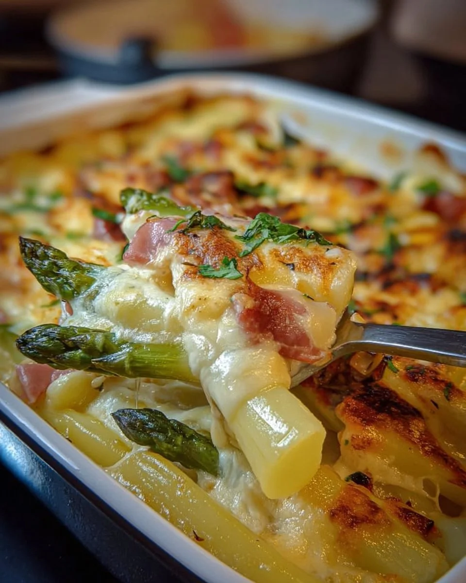 Spargelauflauf mit Kartoffeln und Schinken