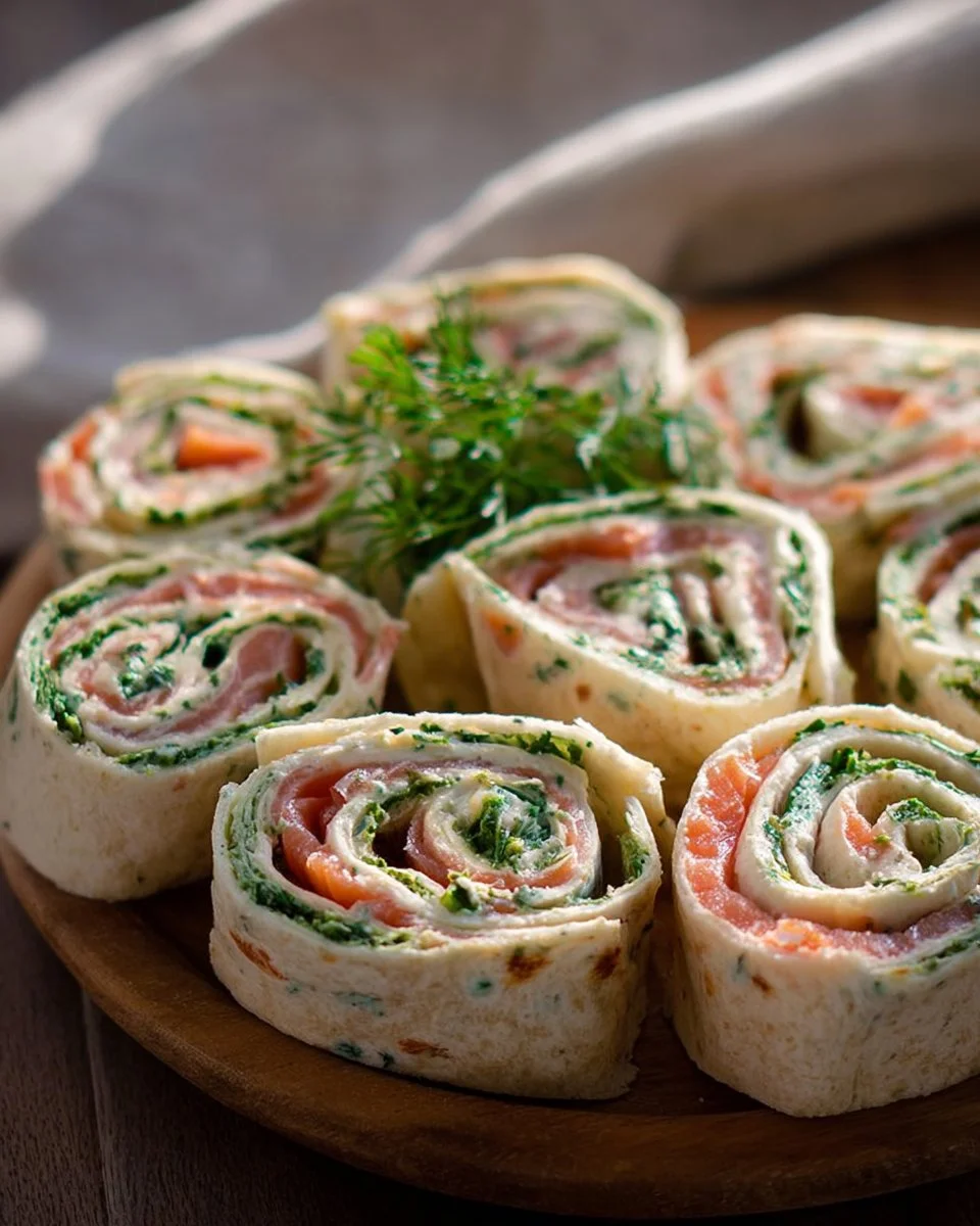 Das Bild zeigt köstliche 15-Minuten Lachs-Frischkäse-Röllchen auf einem Teller.