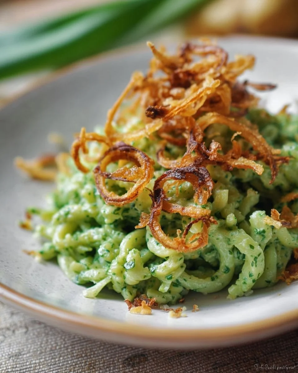 Bärlauch-Käsespätzle mit selbstgemachten Röstzwiebeln