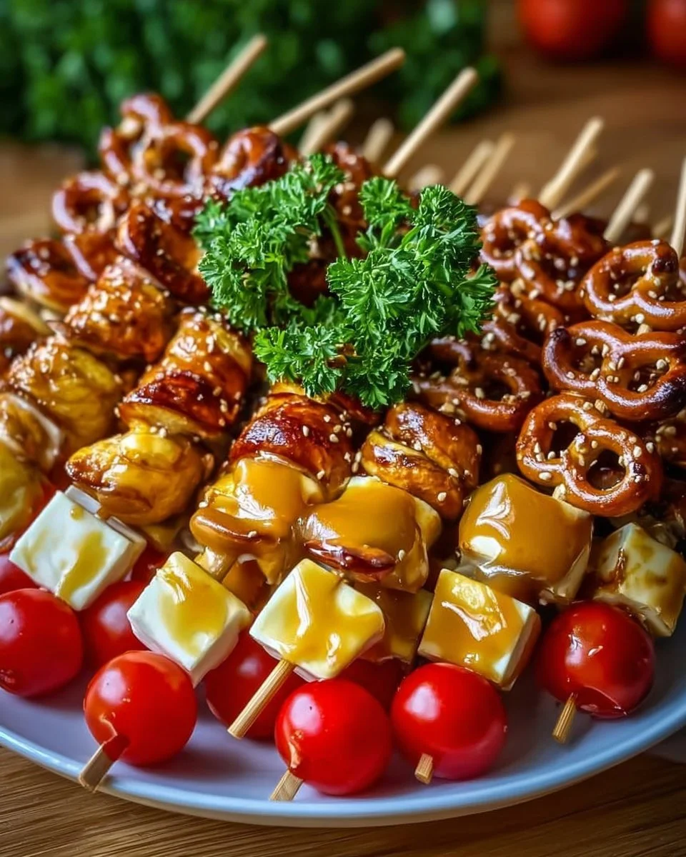 Brezel-Käse-Spieße mit süßem Senf auf einem Teller angerichtet