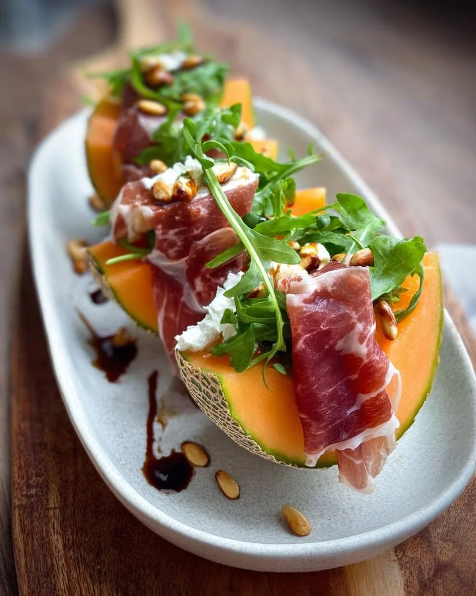 Cantaloupe-Melone mit Frischkäse und Rucola