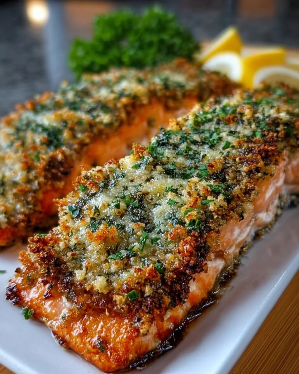 Gebackener Lachs mit Knoblauch-Parmesan-Kruste auf einem Teller