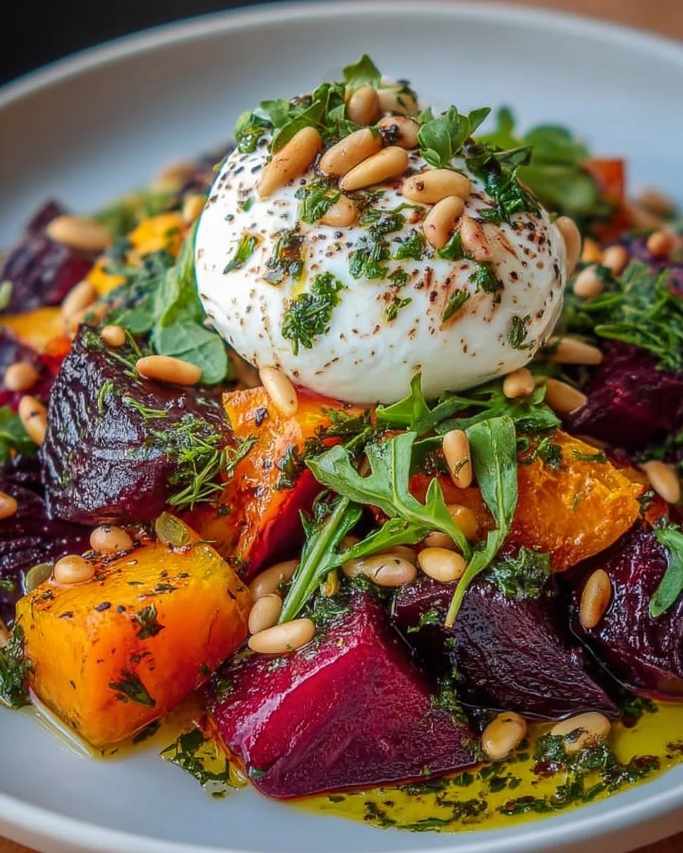 Gebratener Rote-Bete-Süßkartoffel-Salat mit Burrata und Pinienkernen