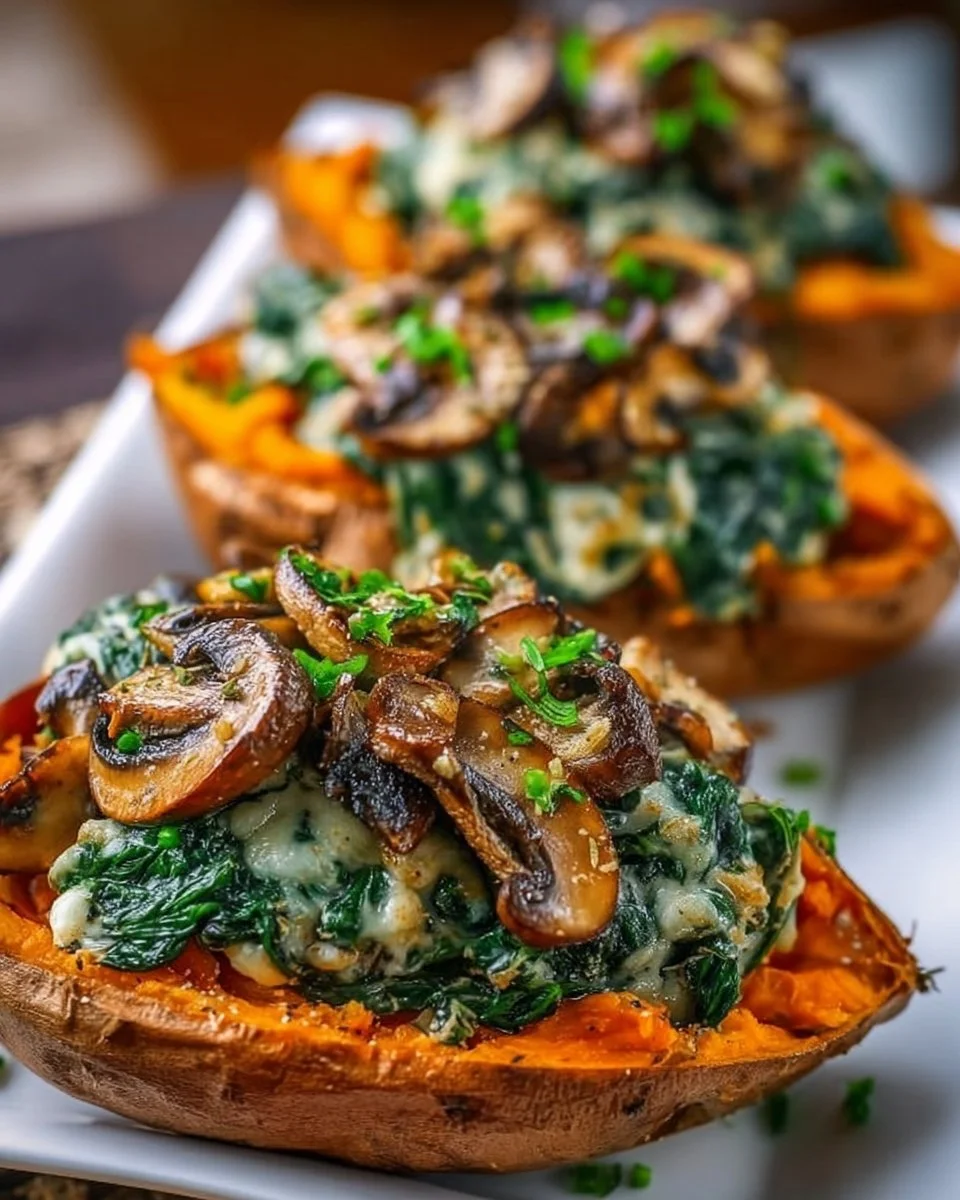 Gefüllte Süßkartoffeln mit Champignons und Spinat