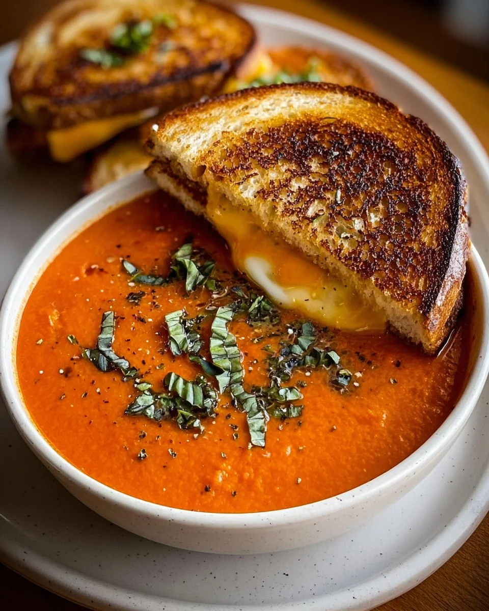 Geröstete Tomatensuppe mit gegrilltem Käsebrot