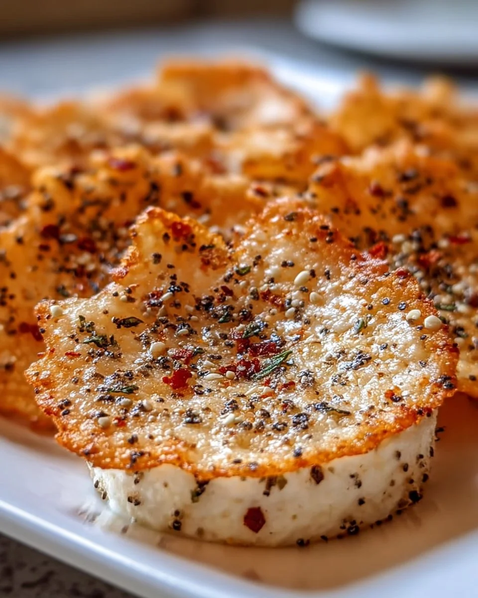 Leckere und knusprige Hüttenkäse-Chips auf einem Holzbrett
