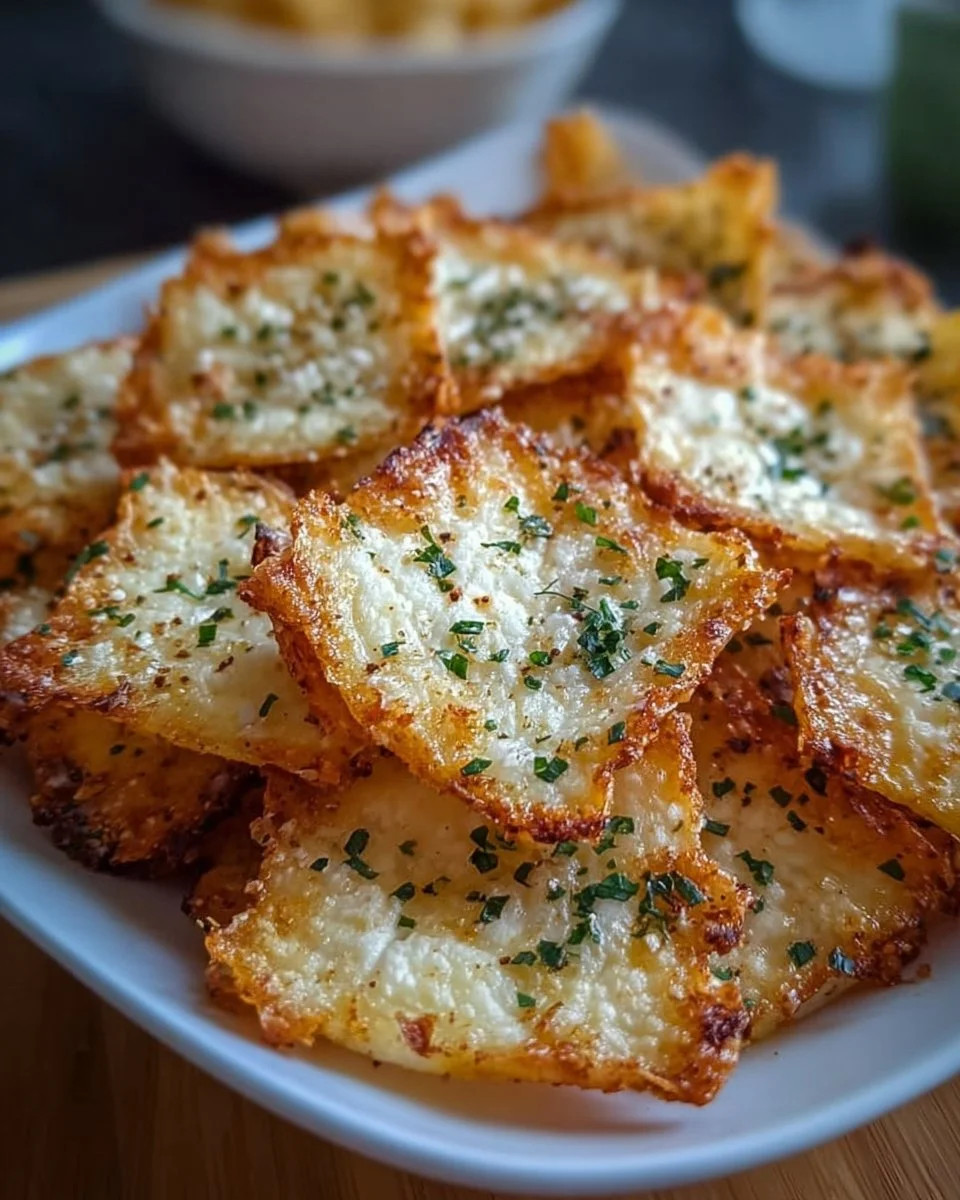 Hüttenkäse-Chips als perfekter gesunder Snack auf einem Tisch präsentiert.
