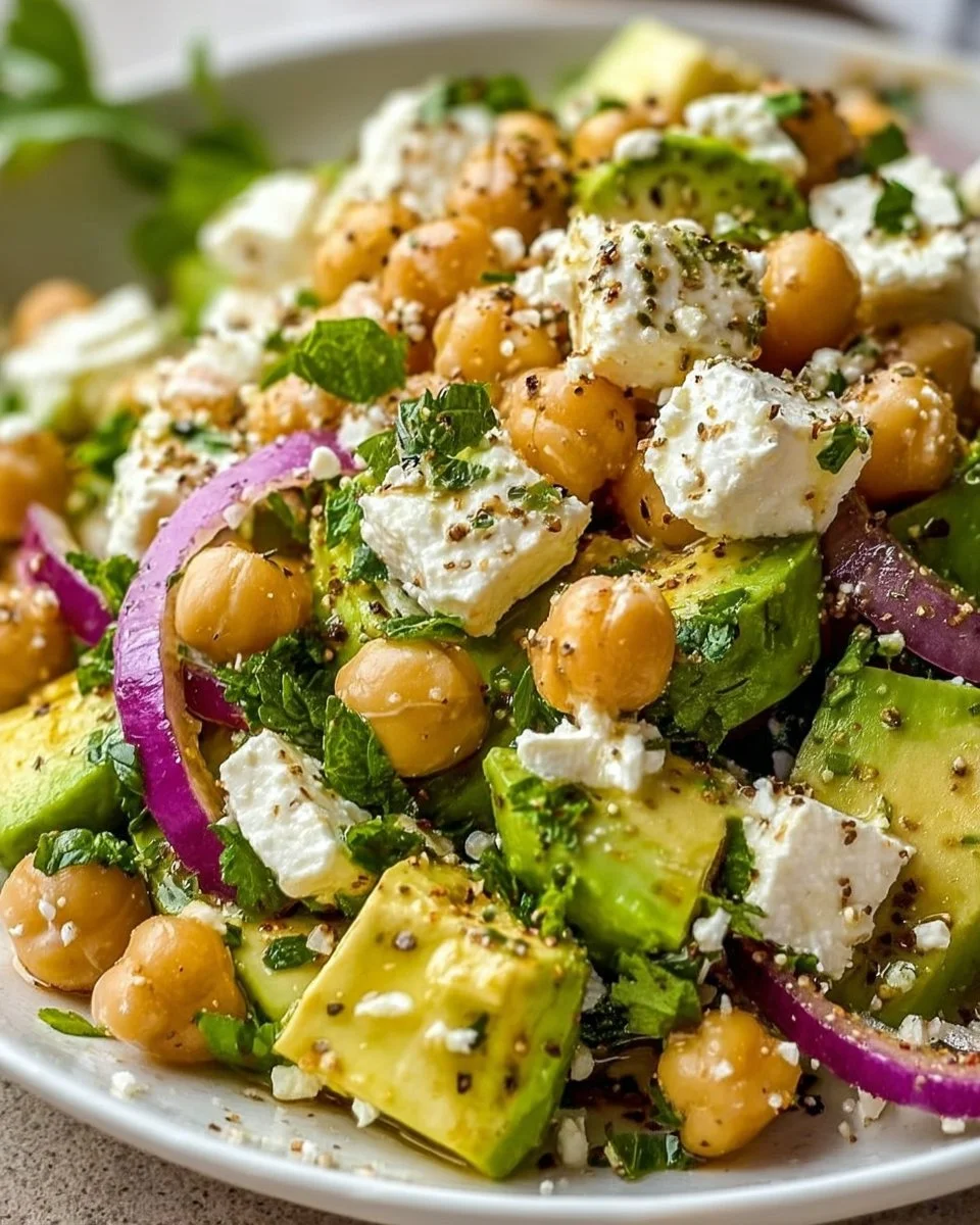 Gesundes Gericht mit Kichererbsen, Feta und Avocado