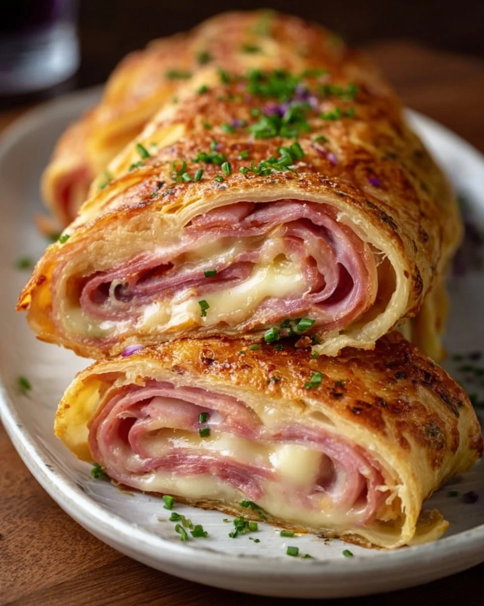 Schinken-Käse-Roll-Ups auf einem Teller, knusprig und lecker.