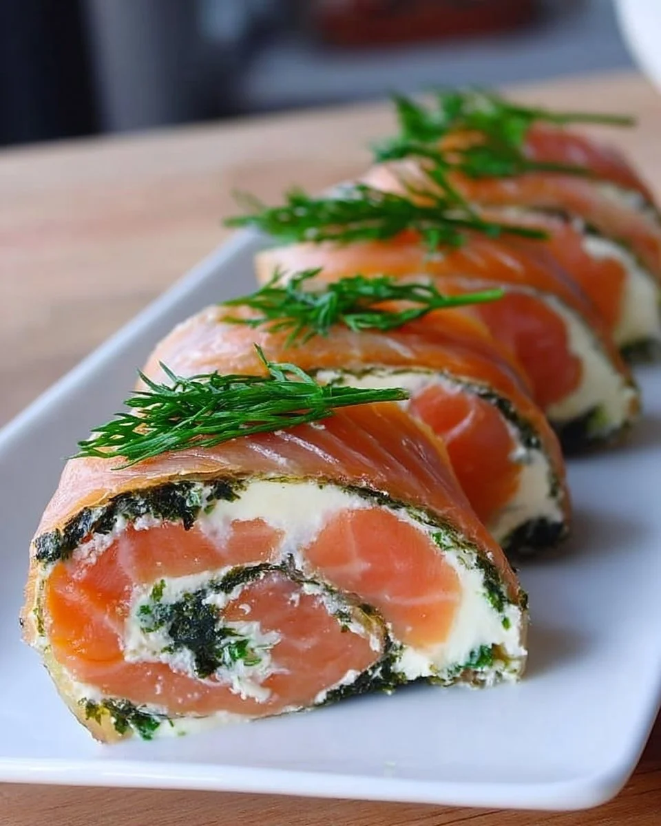 Lachs-Frischkäse-Röllchen auf einem weißen Teller serviert