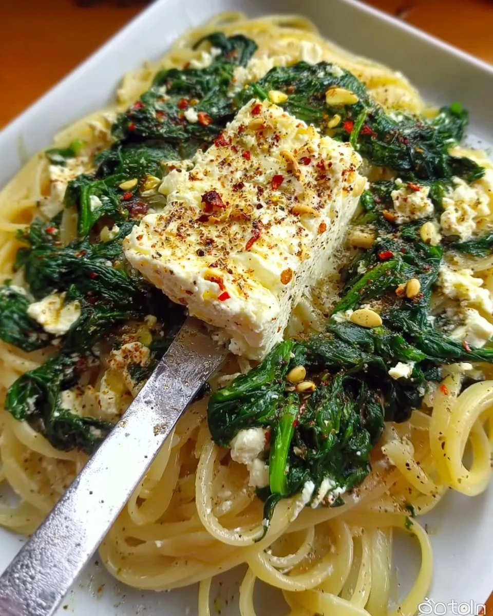 Linguine with feta and spinach