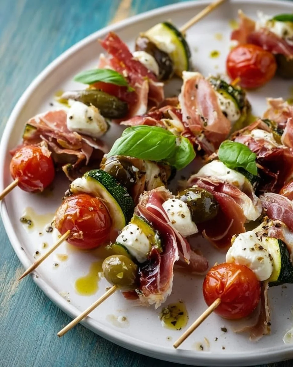 Mediterrane Antipasti-Spieße mit frischem Gemüse und Käse