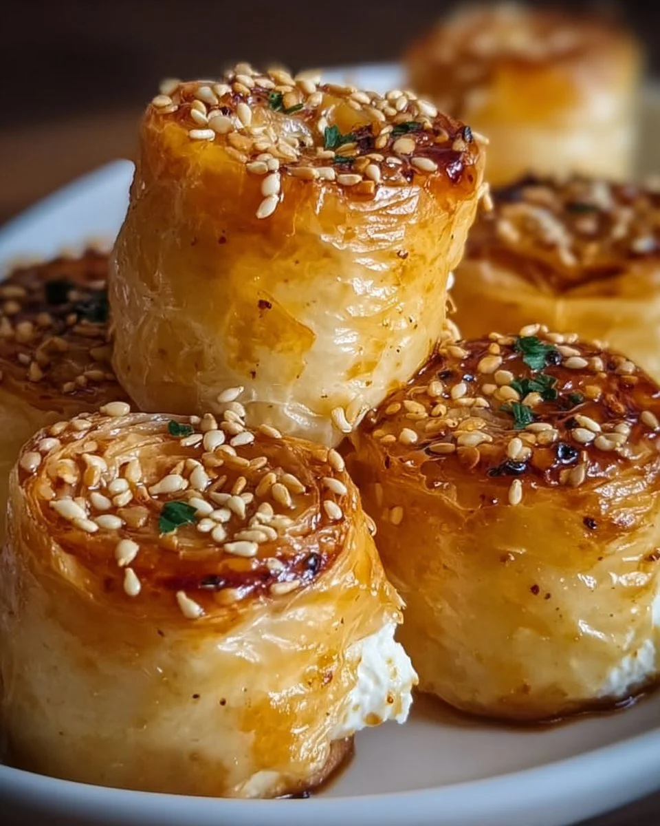 Ofen-gebackene Feta-Rollen mit Chili-Honig auf einem Teller angerichtet