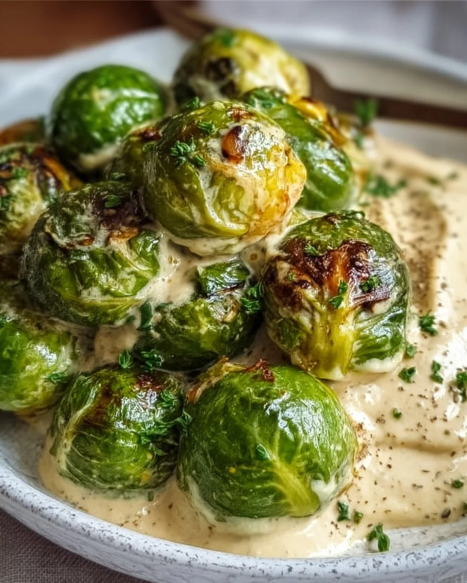 Rosenkohl in cremiger Frischkäse-Senfsauce auf einem Teller