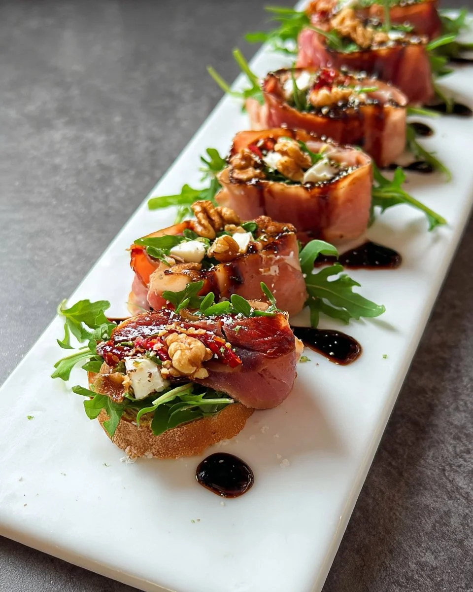 Rucola Schinken Röllchen auf einem Teller, serviert mit frischen Kräutern