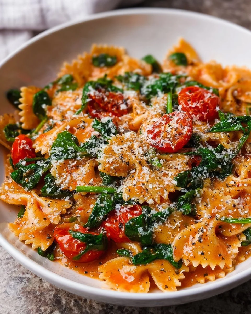Schmetterlingspasta mit Tomatensauce und Spinat