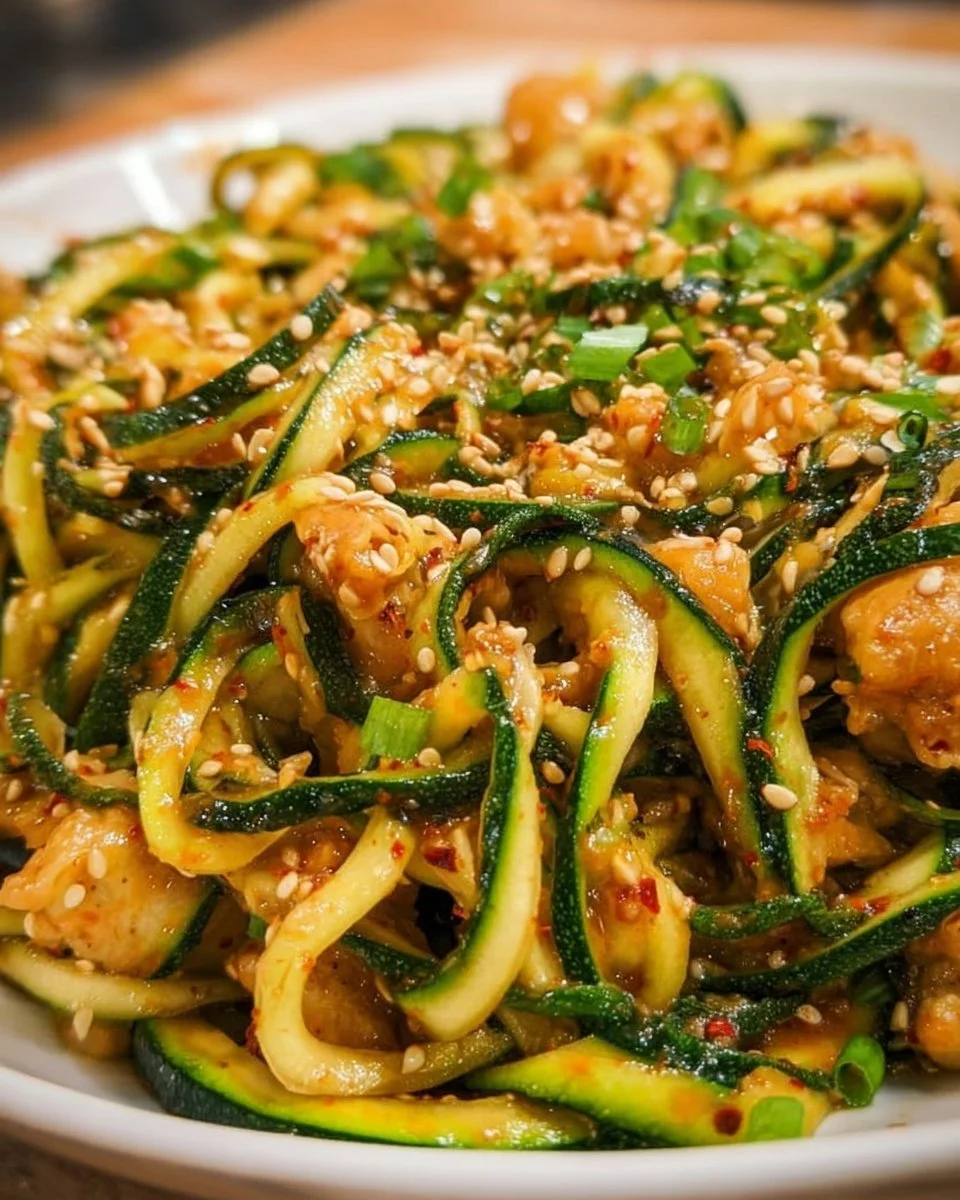 Würzige Knoblauch-Zucchini-Nudeln auf einem Teller angerichtet