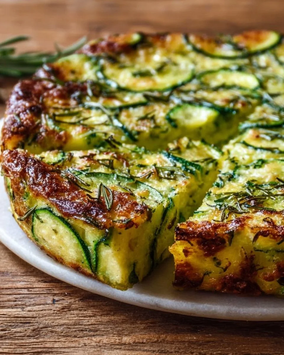 Zucchini Scarpaccia in einer gebräunten Form mit Kräutern.