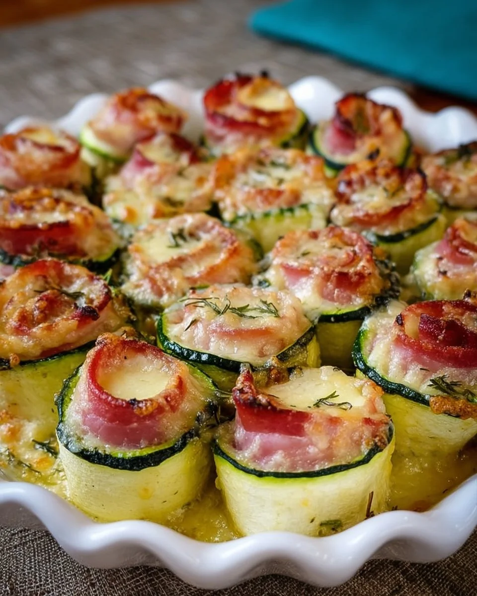 Zucchini-Schinken-Röllchen mit Käse auf einem Teller serviert