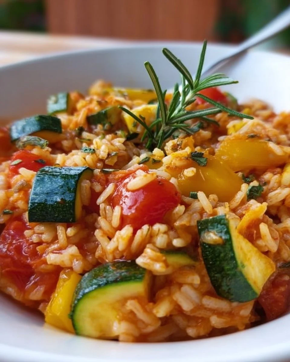 Schüssel mit Zucchini-Tomaten-Reis, frisch zubereitet und appetitlich angerichtet.