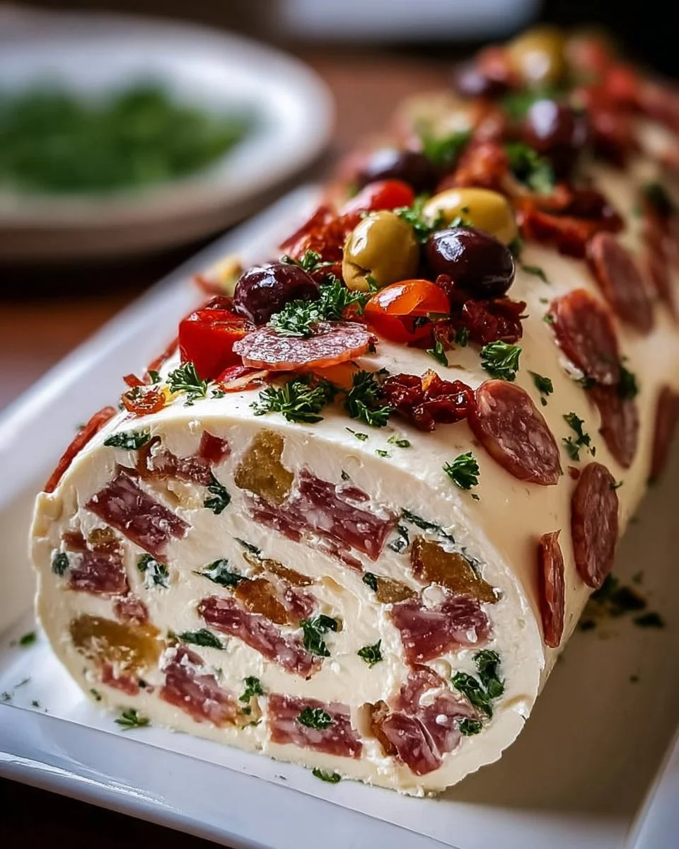 Antipasto Frischkäserolle mit frischen Zutaten und Kräutern