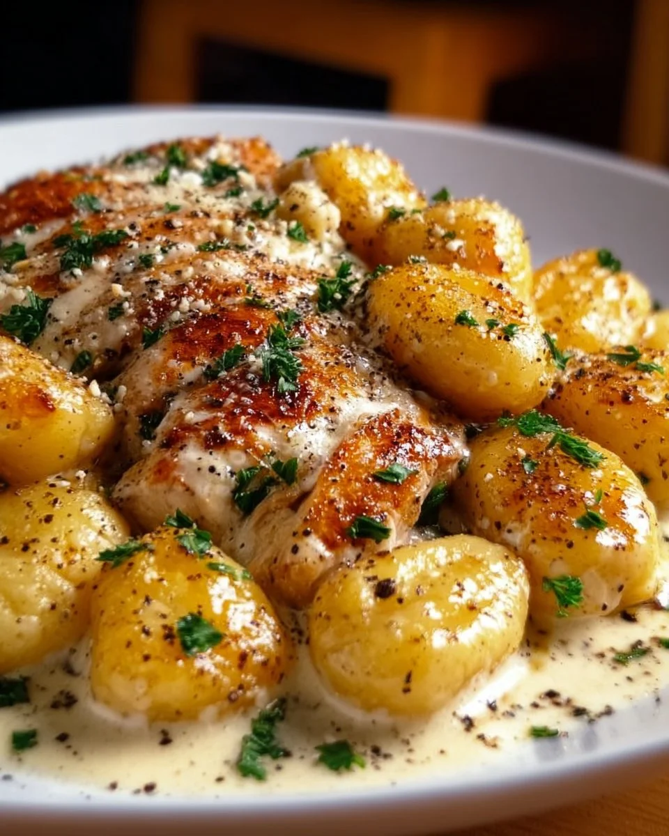Asiago-Hühnchen mit Gnocchi auf einem Teller serviert.