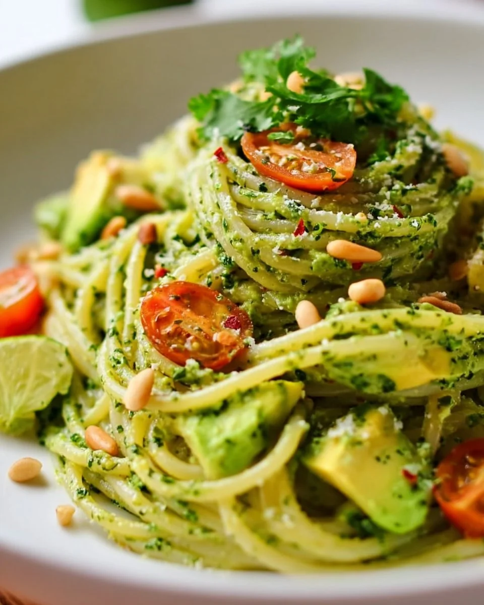 Avocado Pasta mit Koriander und Limetten auf einem Teller serviert
