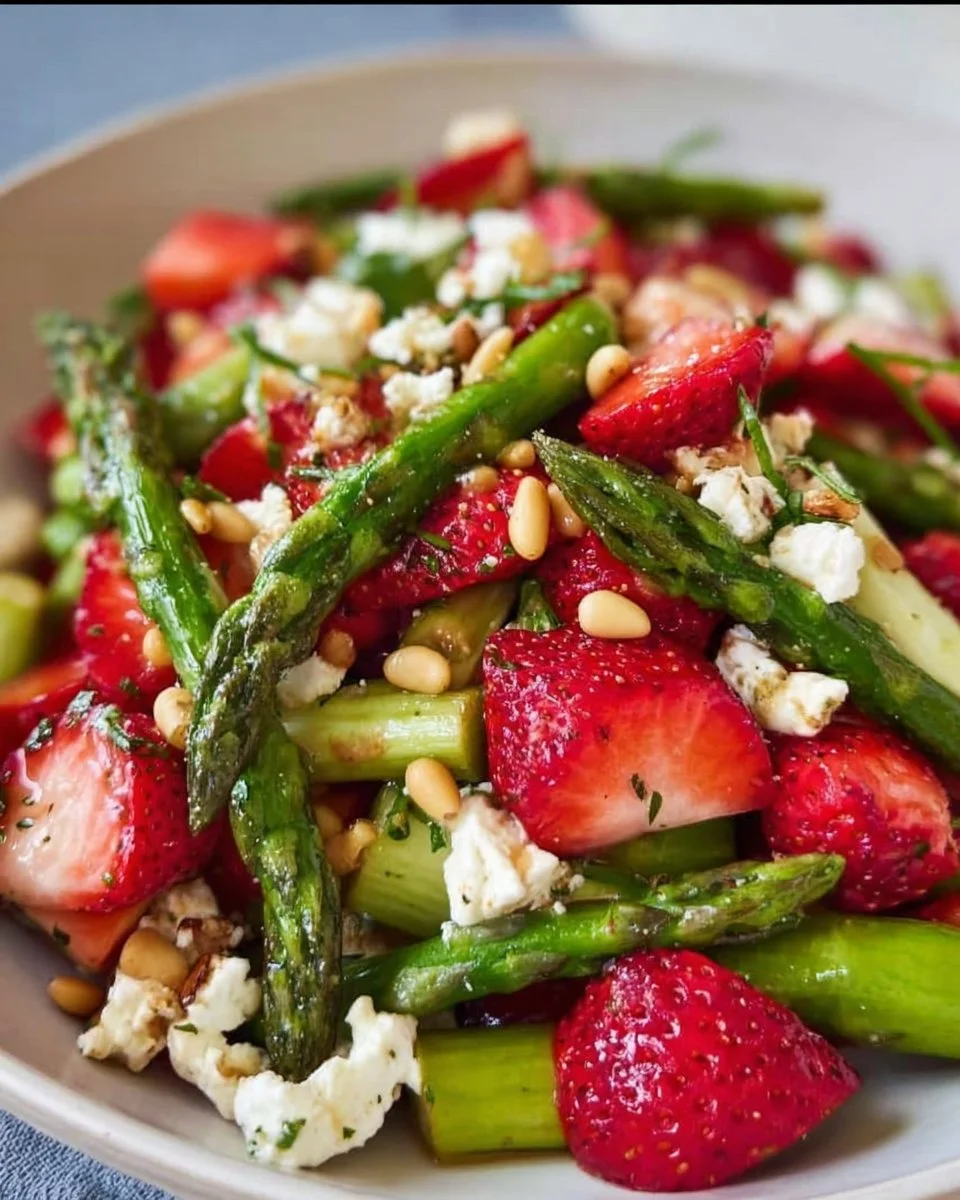 Erdbeer- und Spargelsalat mit Feta und Pinienkernen
