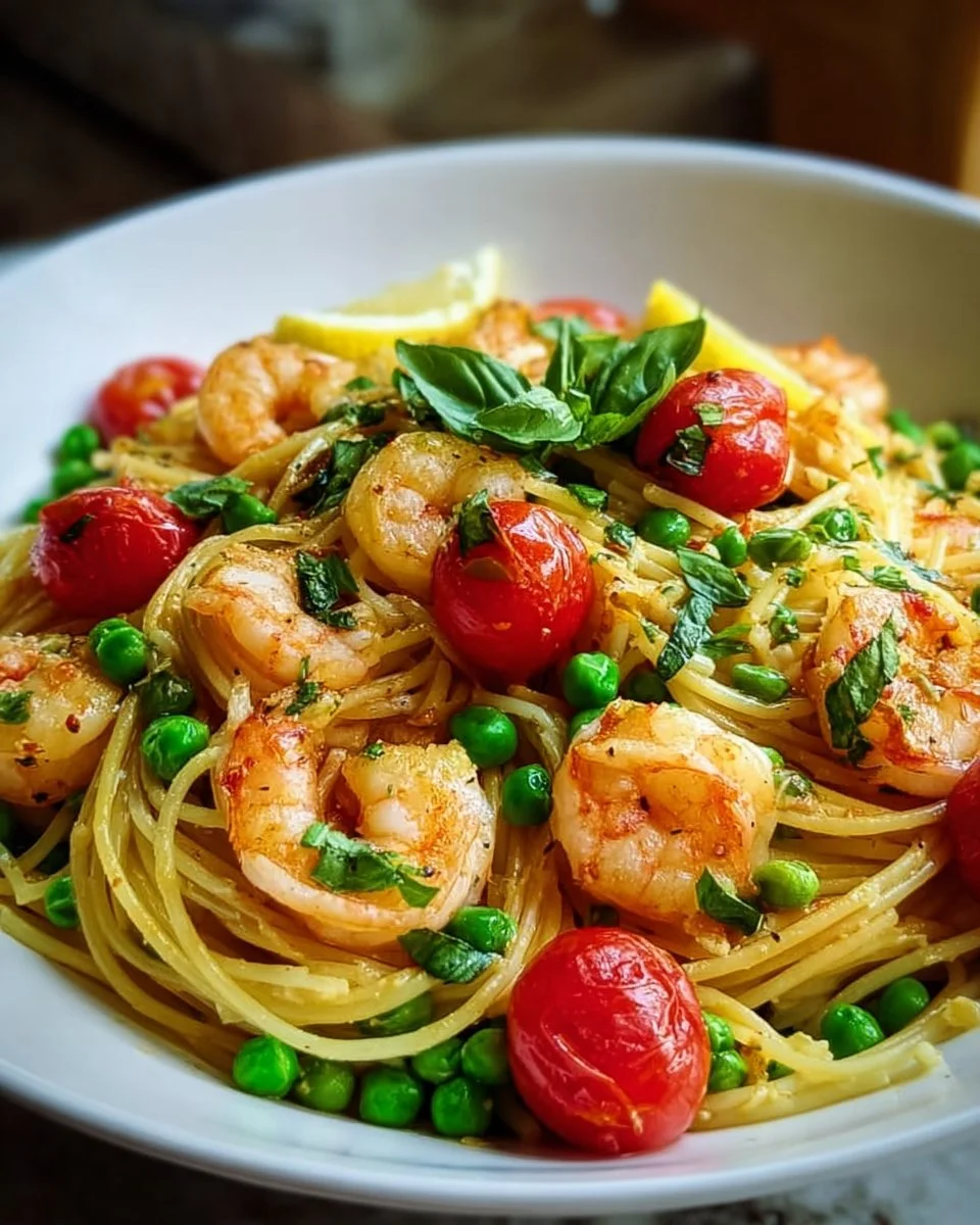 Frühlingshafte Pasta mit Garnelen