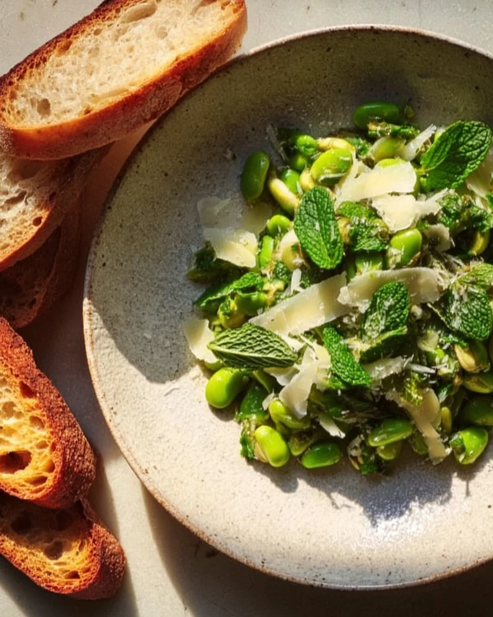 Frühlingssalat mit Fava-Bohnen, Pecorino und frischer Minze auf einem Teller