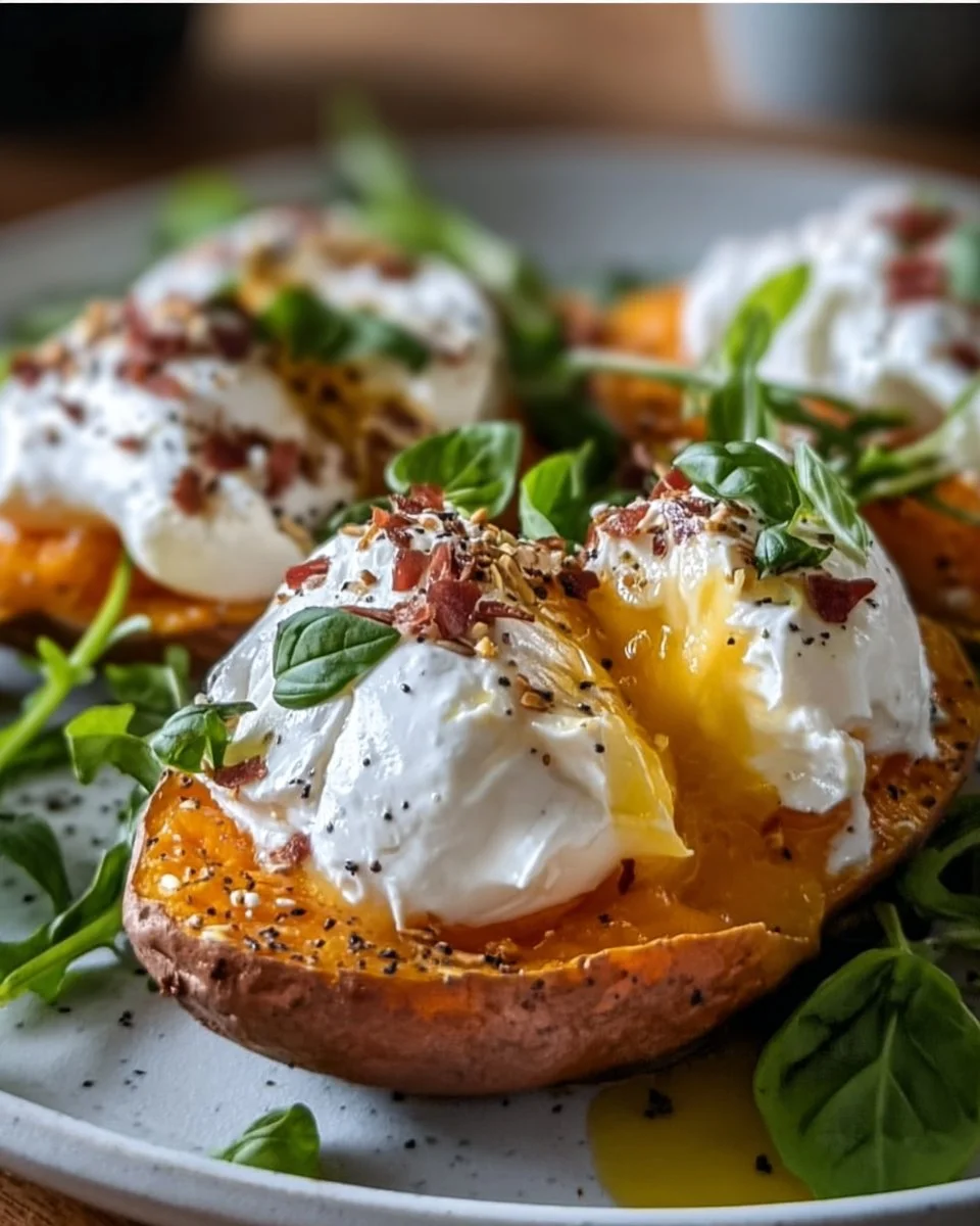 Gefüllte Süßkartoffeln mit Burrata und frischen Kräutern auf einem Teller.
