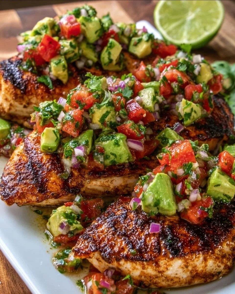 Gesundes gegrilltes Hähnchen mit frischer Avocado-Salsa auf einem Teller serviert.