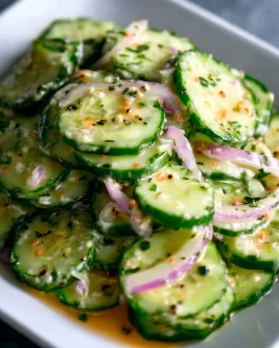 Frischer Gurkensalat mit Kräutern und Dressing serviert in einer Schüssel