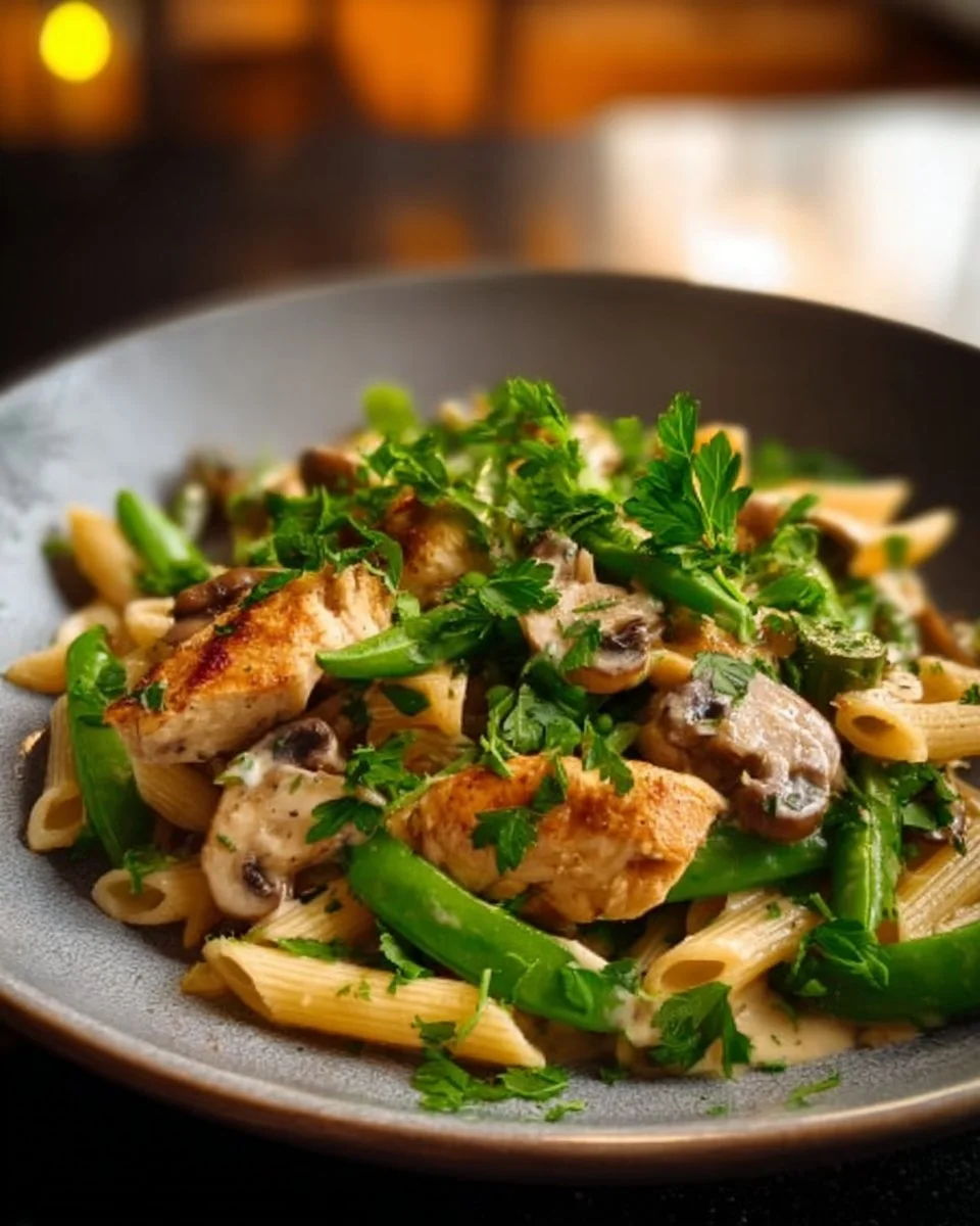 Hähnchenbrust mit cremiger Pilzsauce und Penne