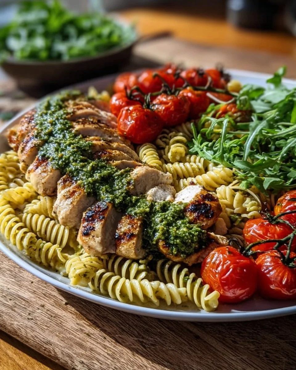 Hähnchenbrust mit Rucola-Pesto und Fusilli