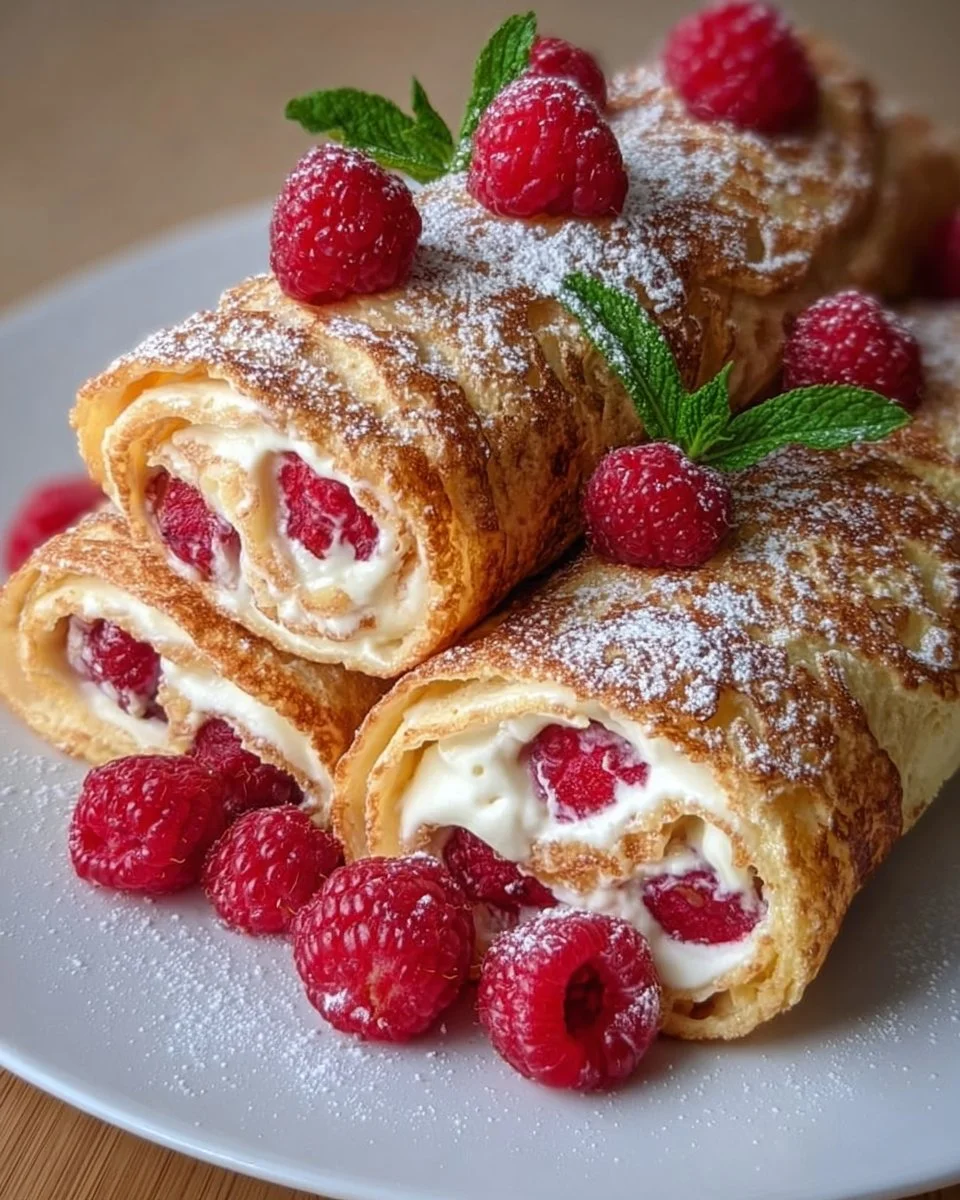 Himmlische Pfannkuchenröllchen mit frischen Himbeeren