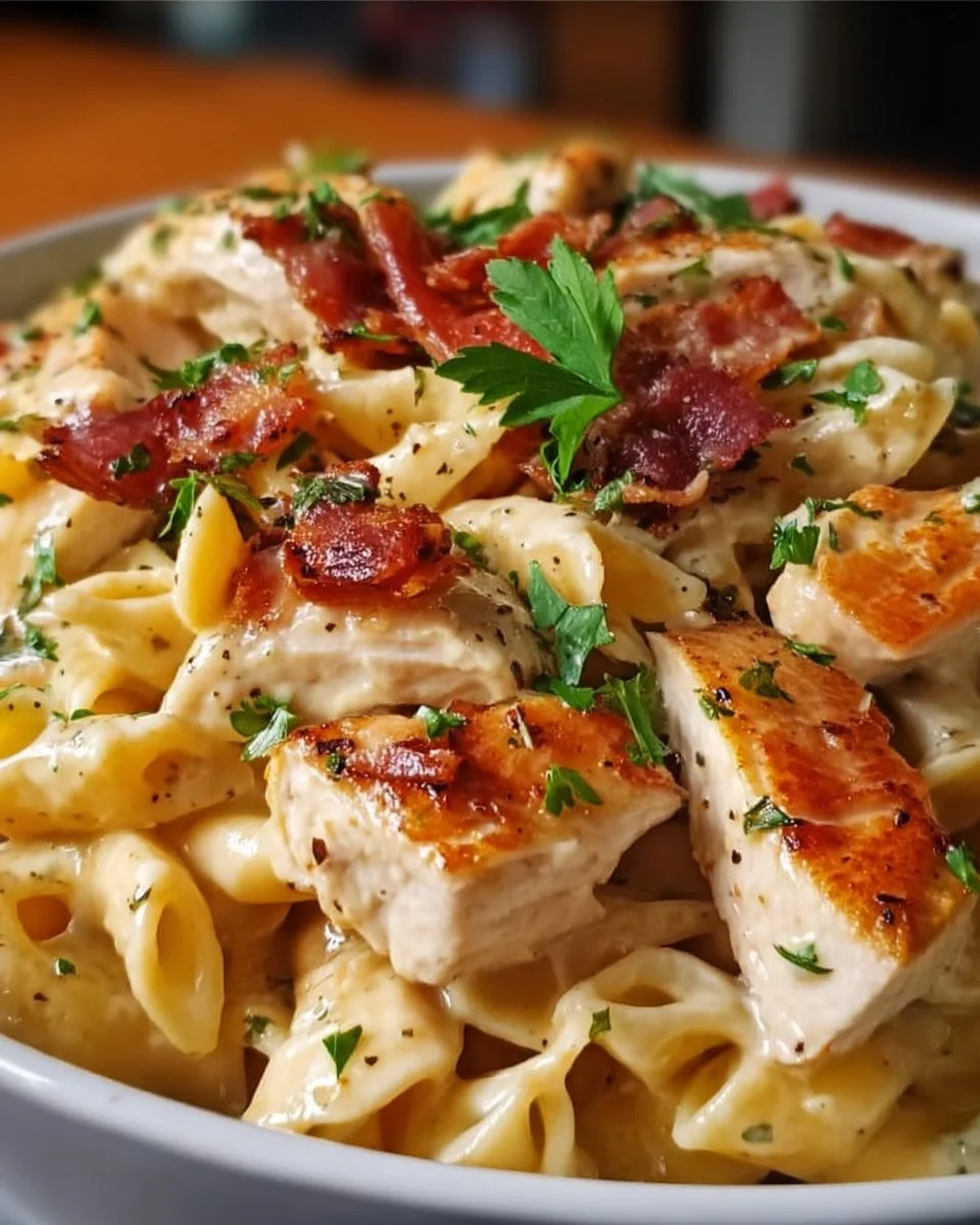 Überbackene Hühnchen-Bacon-Ranch-Nudeln auf einem Teller