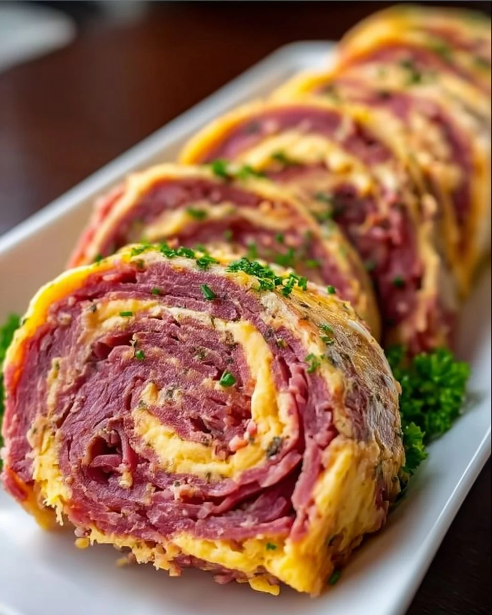Keto Corned Beef Käse Roll-Ups auf einem Teller, ideal für low-carb Ernährung.