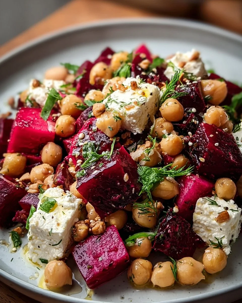 Kichererbsen-Rote-Bete-Feta-Salat in einer bunten Schüssel auf einem Tisch.