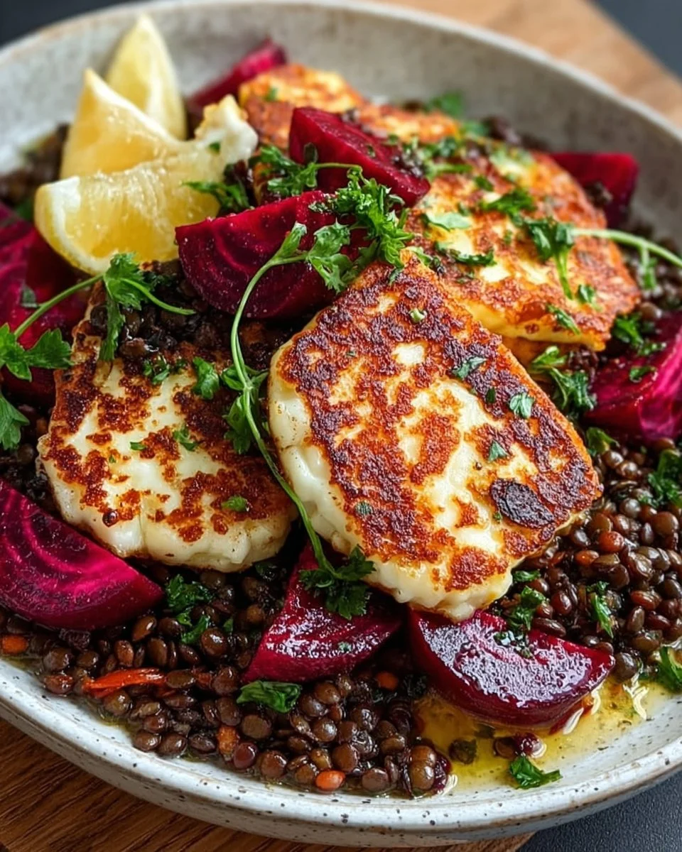 Knusprig gegrillter Halloumi mit Linsen und Rote Beete