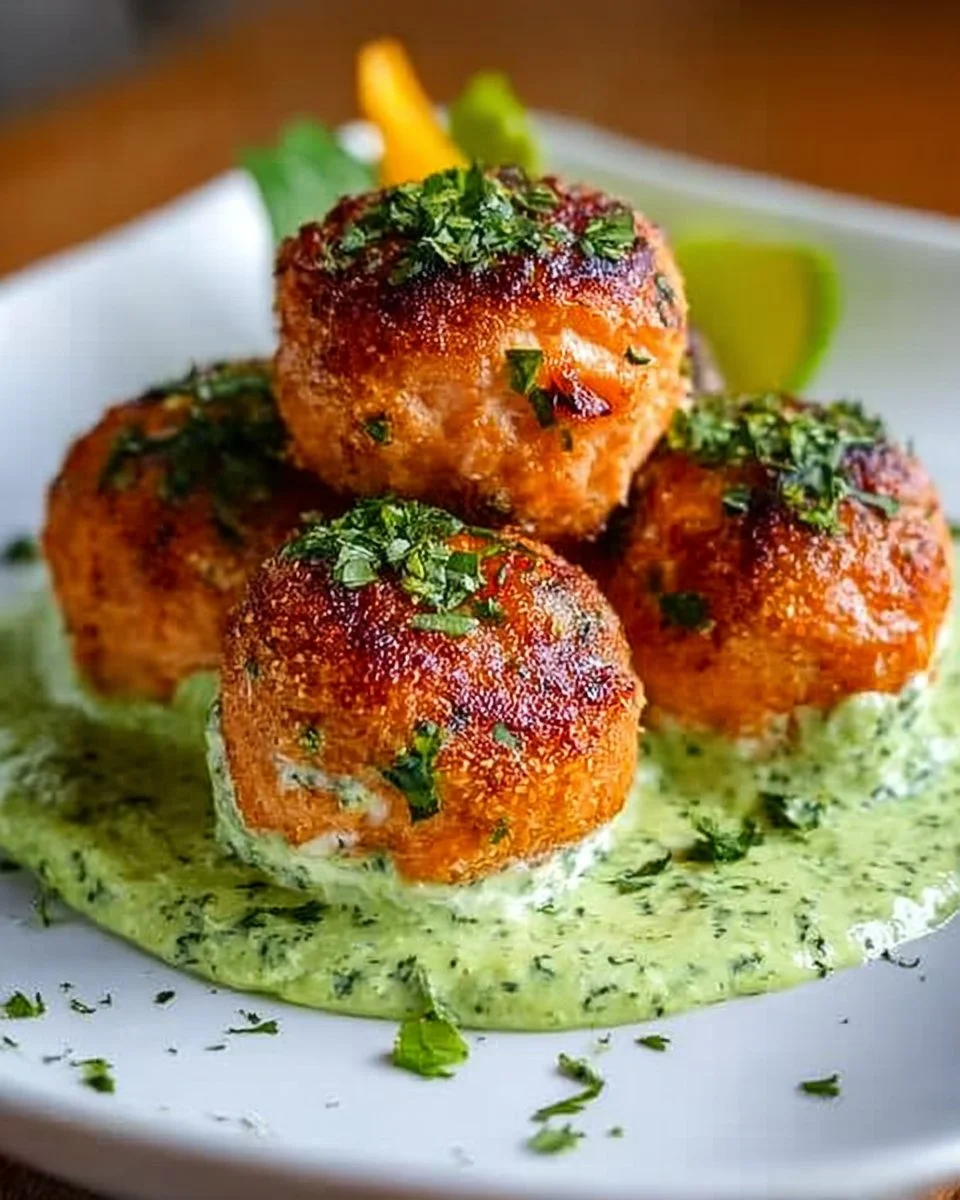 Lachsballen serviert mit einer cremigen Avocadosauce auf einem Teller.