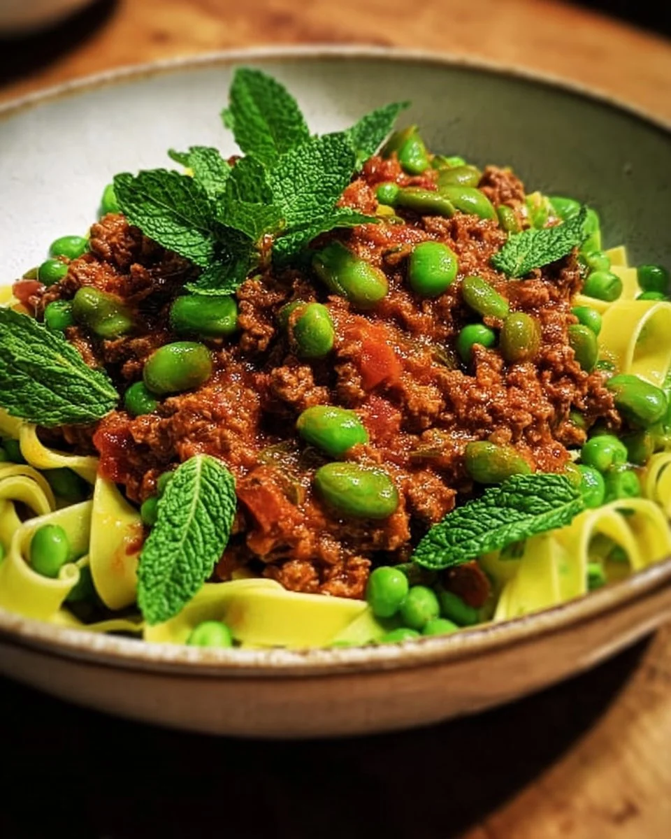 Lammhackfleisch-Ragout mit dicken Bohnen und Minze