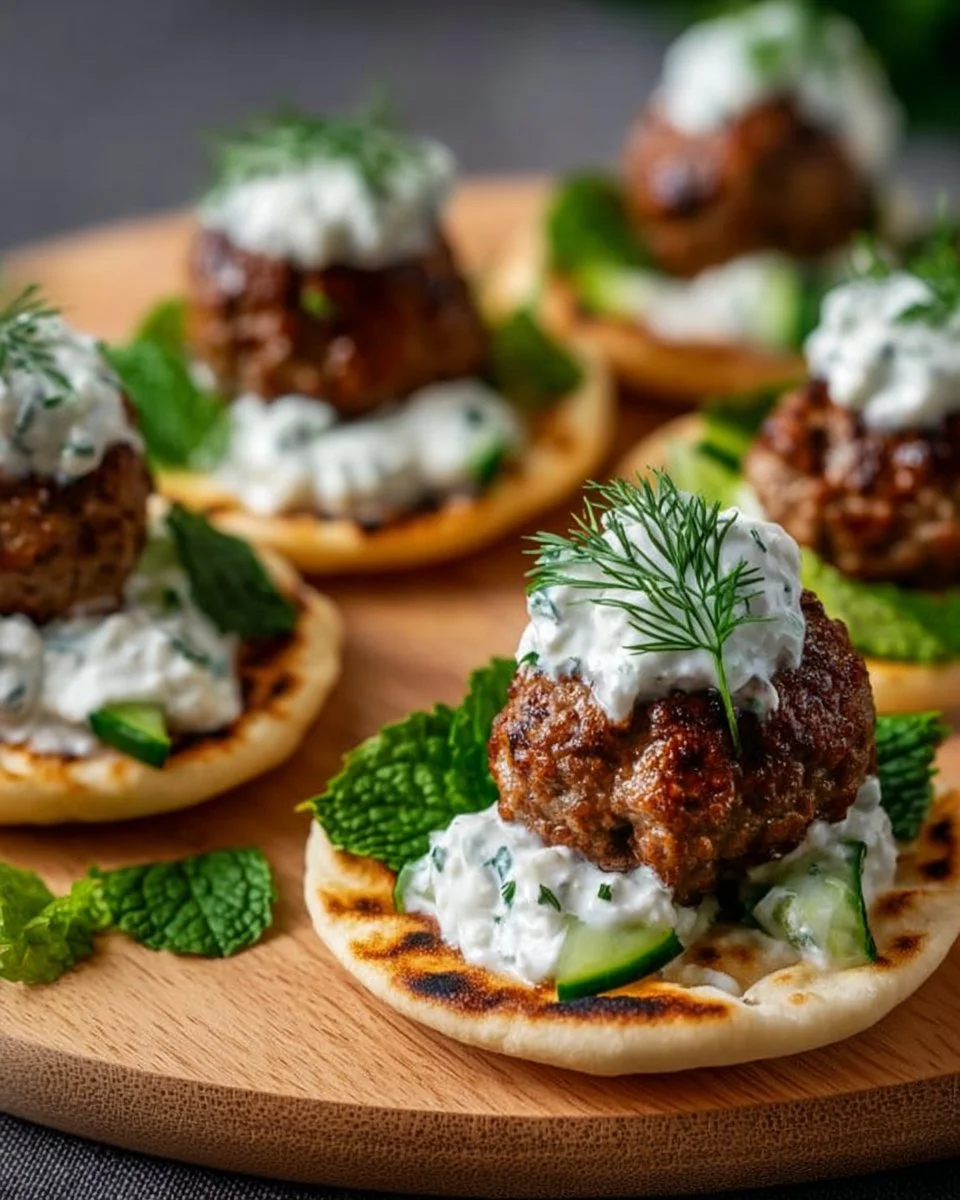 Mini griechische Hackbällchen mit Tzatziki auf Pita