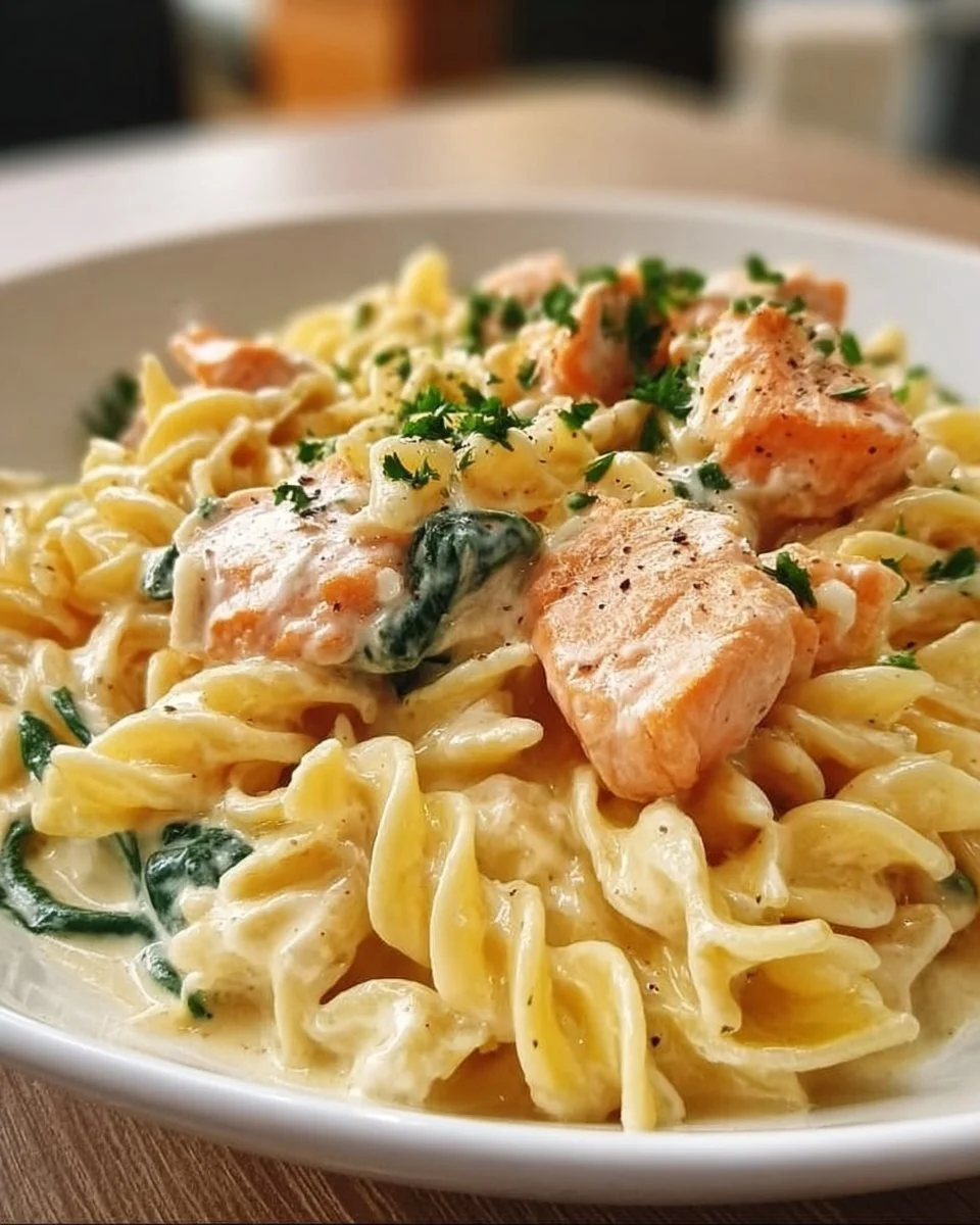 Leckere Ofen-Lachs-Pasta mit frischen Zutaten überbacken