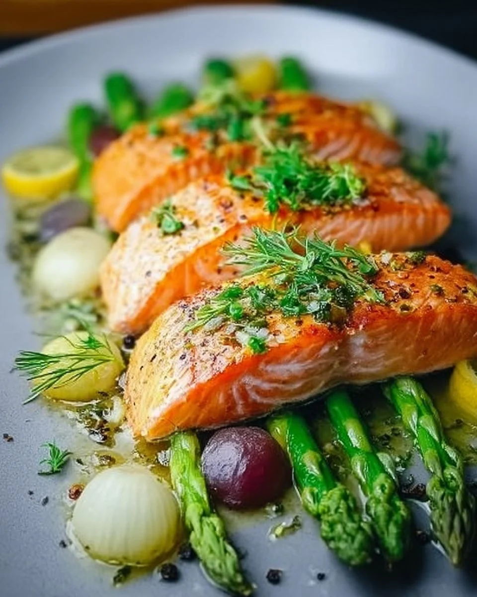 Gericht aus Ofenspargel mit Lachs auf einem Teller serviert.