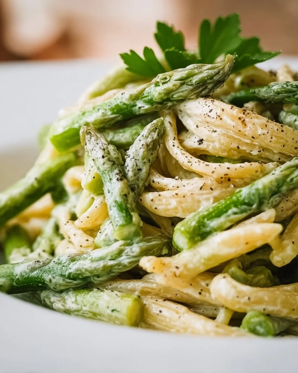 Pasta mit grünem Spargel im Alfredo-Stil