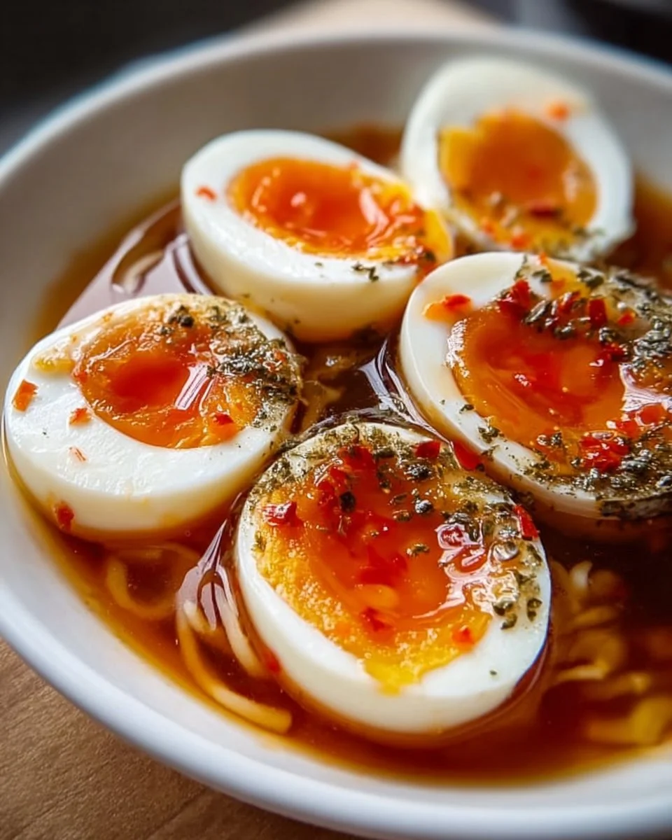 Ramen Ei serviert in einer traditionellen Schale, dekoriert mit frischen Zutaten.