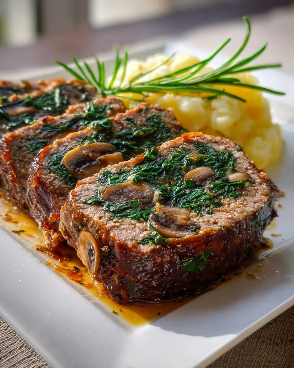 Rinderhackbraten mit Spinat und Pilzen